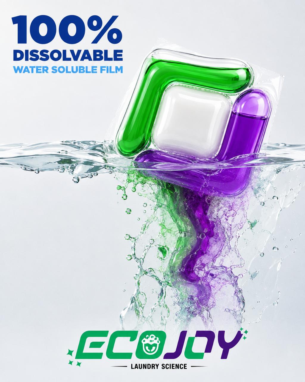 EcoJoy laundry pod dissolving in water – 100% water-soluble film