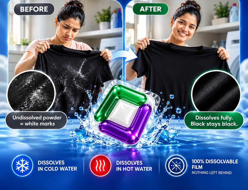 No white residue on dark clothes – EcoJoy pods dissolve fully