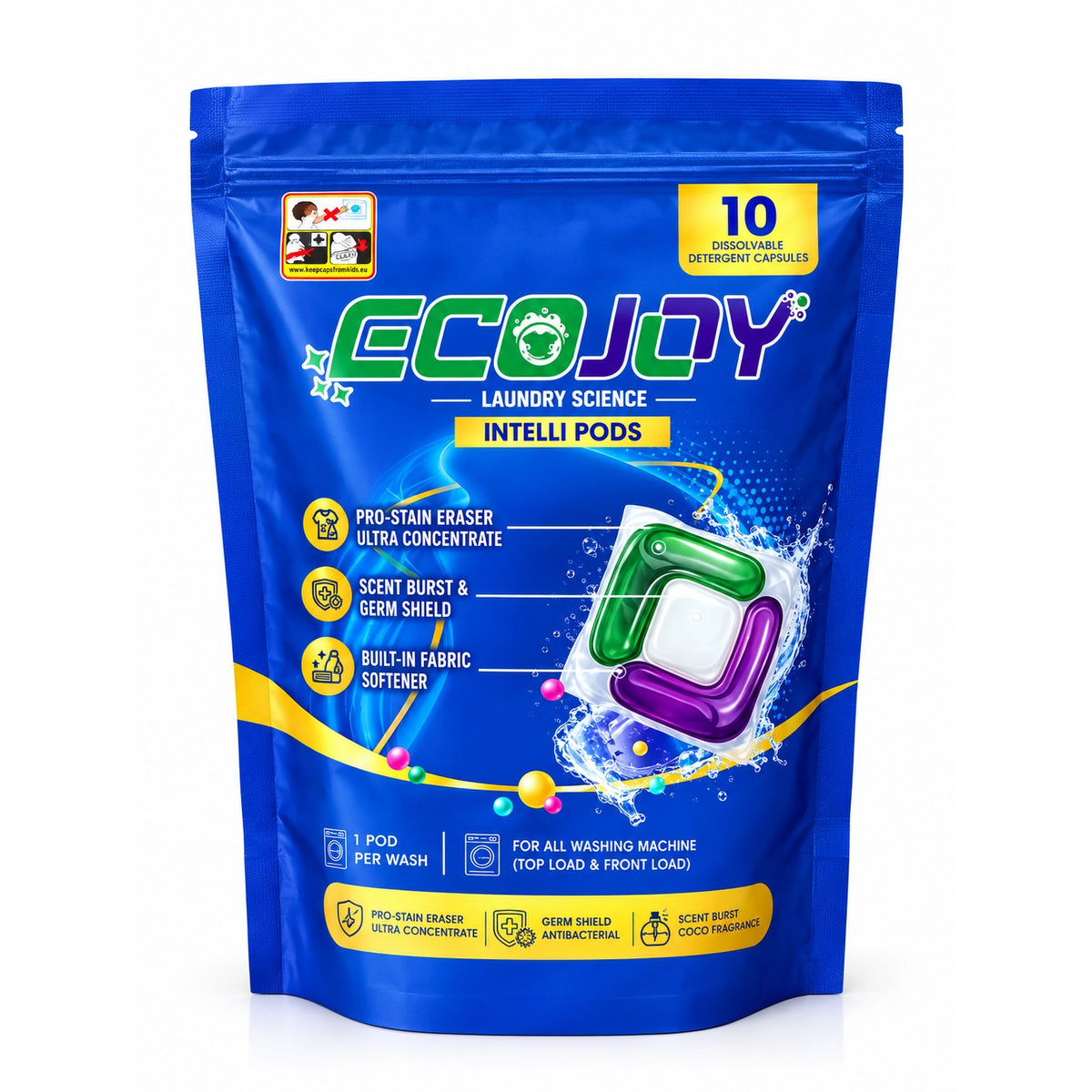 EcoJoy Intelli Pods 10-pod pouch – 3-in-1 liquid laundry detergent pods
