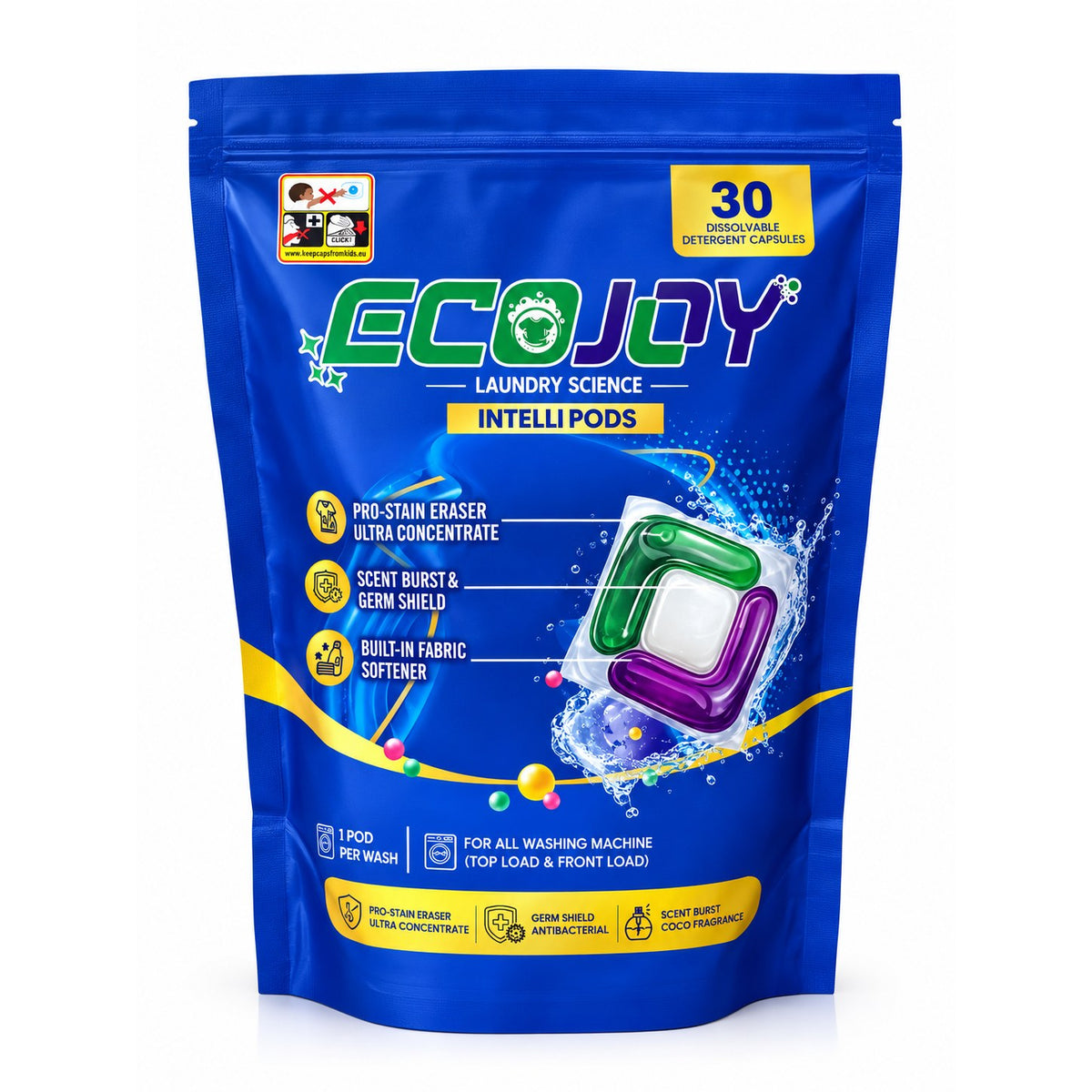 EcoJoy Intelli Pods 30-pod pouch – 3-in-1 liquid laundry detergent pods
